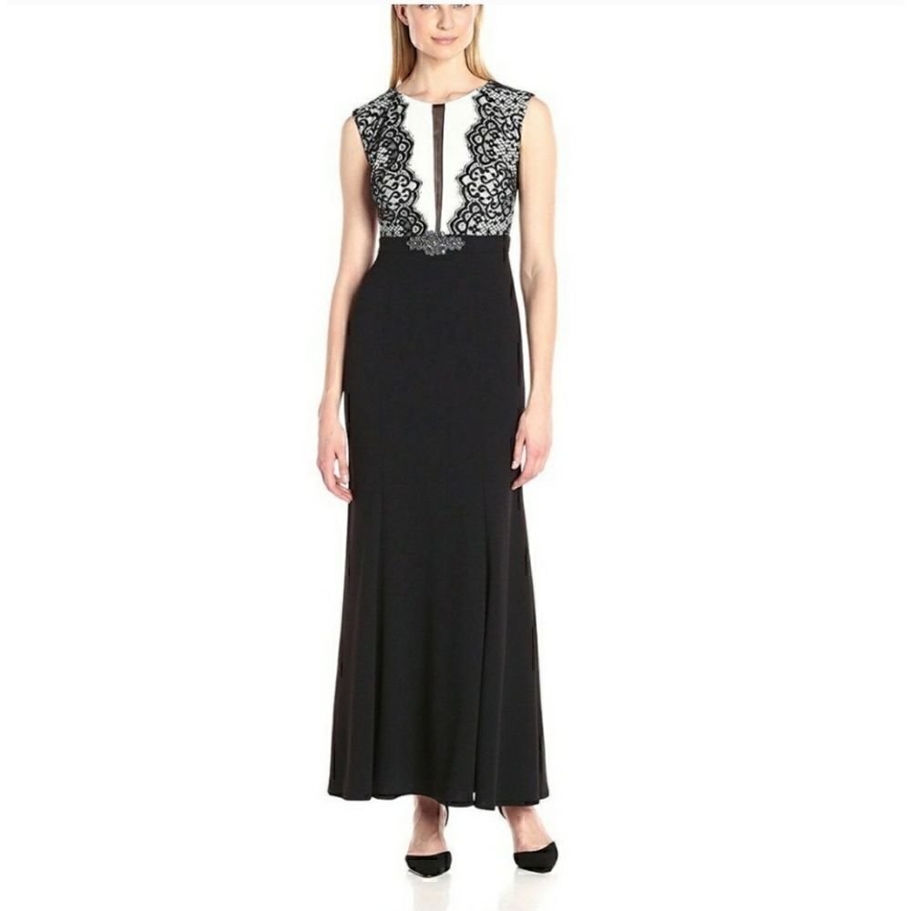 Nwot Alex Evenings Black White Sleeveless Lace Illusion Gown maxi dress size 10